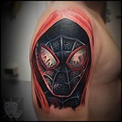 Spiderman in black mask tattoo in color