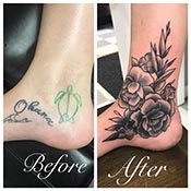 Cover up tattoo of name on side of foot with flowers in black and white