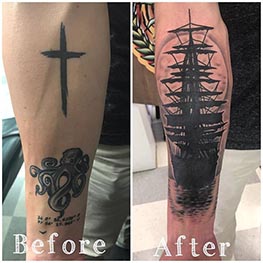 Cross and Octopus black and grey cover up with Ship half sleeve