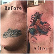 Girls name tattoo coverup with fighting rooster 