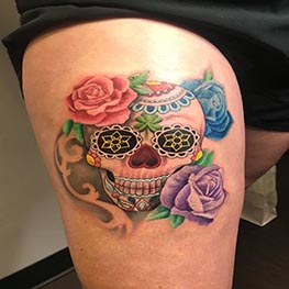 Day of the Dead mexican color leg tattoo