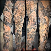 black and grey tattoo with bird and grim reaper